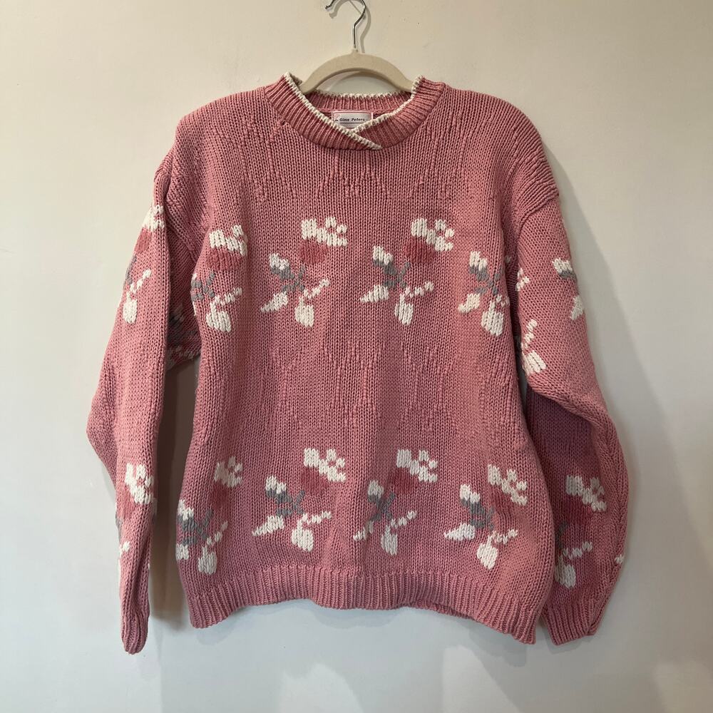 Classic Crewneck Floral Knit Sweater - Pink
